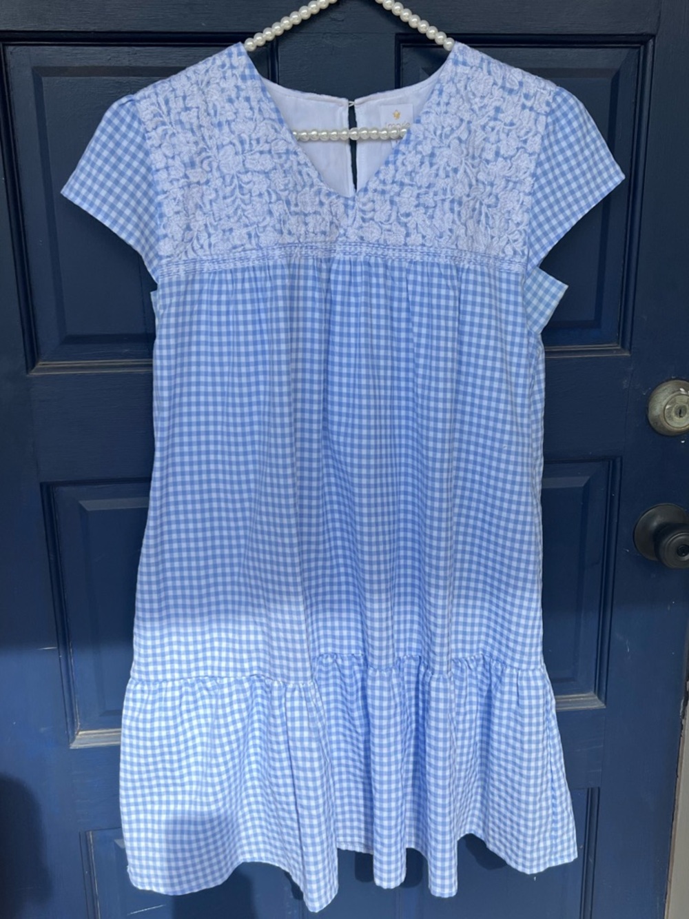 Light Blue Gingham Smocked-Yoke Casual Dress
